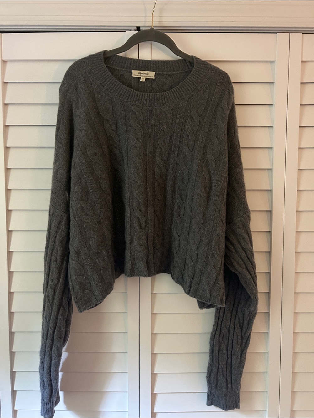 Madewell Cropped Charcoal Cable Knit Crewneck Sweater